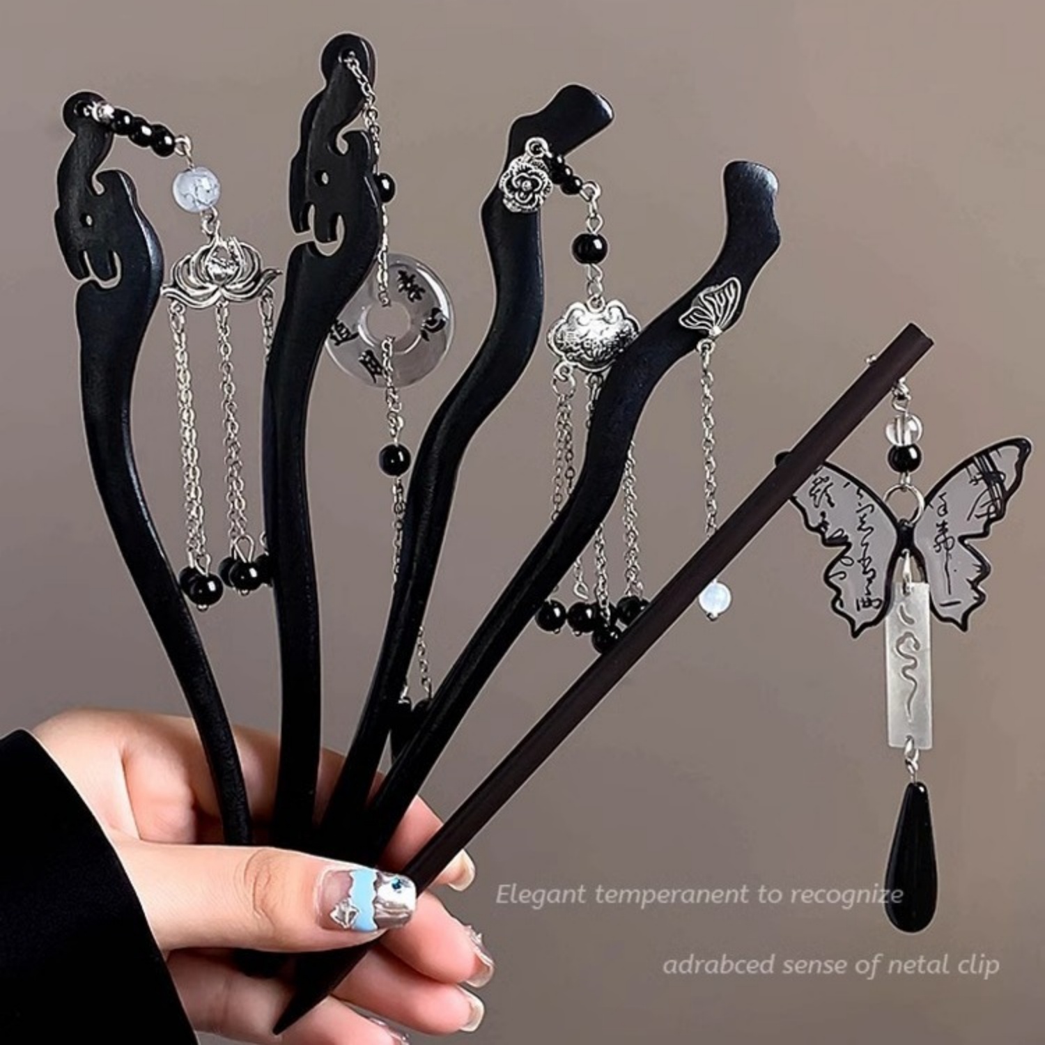Women Accessories Shop - หรูหราไม้พู่ Hairpin สําหรับผู้หญิง Vintage หมึกผีเสื้อจี้ผมสไตล์จีน Ebony
