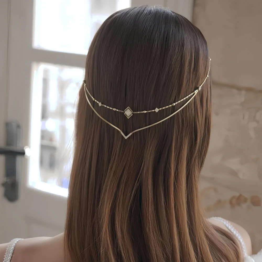 Women Accessories India - Charm Rhinestone V ผมโซ่แถบคาดศีรษะอินเดียตกแต่งหัวสมมาตรเรขาคณิตคริสตัลเจ้าสาว Headdress สําหรับงานแต่งงานผู้หญิง