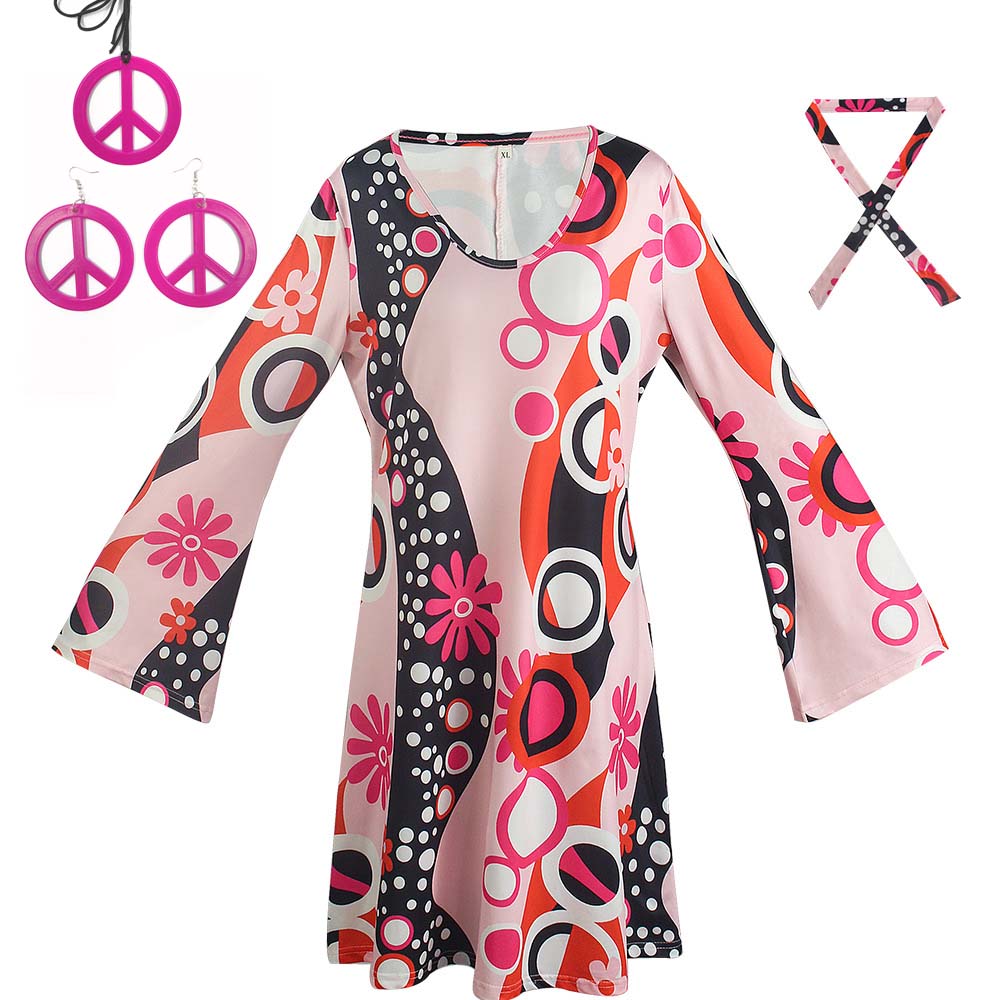 Women'S Accessories In The 60S - ชุดดิสโก้สไตล์เรโทรยุค 60s 70s สำหรับฮาโลวีน ชุดฮิปปี้สำหรับผู้หญิง พร้อมเครื่องประดับสัญลักษณ์สันติภาพ