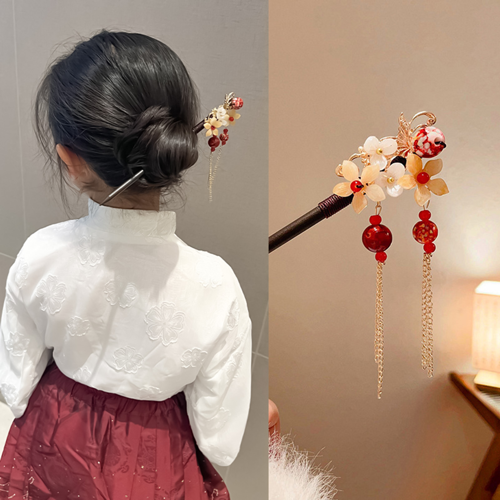 Women Accessories Shop - ปิ่นปักผมแบบจีนประดับดอกไม้และพู่ห้อย วัสดุโลหะผสม ดีไซน์เรียบหรู เหมาะสำหรับงานปาร์ตี้วันหยุด ใช้ตกแต่งทรงผมแบบฮั่นฝู สำหรับผู้หญิงและเด็กผู้หญิง