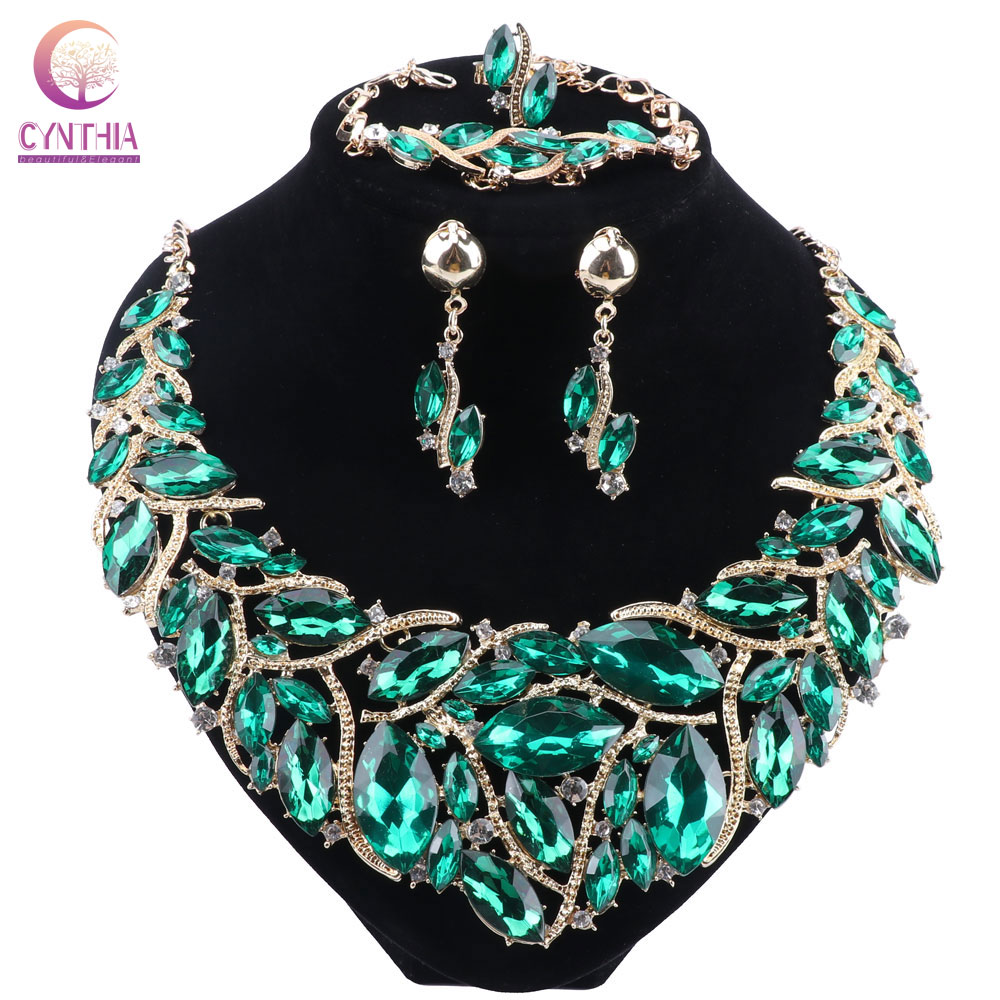 Women Accessories India - CYNTHIAหรูหราสีเขียวคริสตัลสร้อยคอต่างหูชุดเครื่องประดับงานแต่งงานอุปกรณ์เสริมเจ้าสาวอินเดียเครื่องประดับเครื่องแต่งกาย